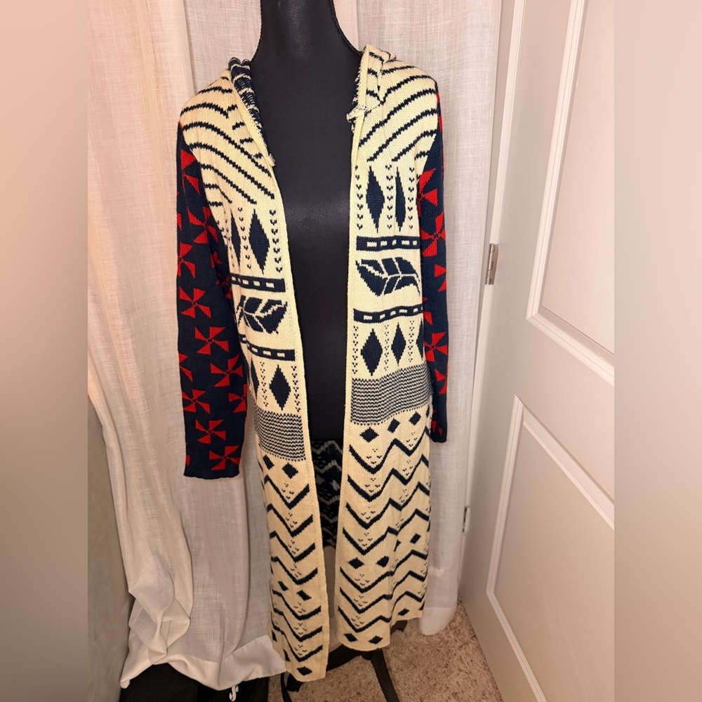 Soho Red and Navy western tribal Patterned long hooded cardigan Knit
